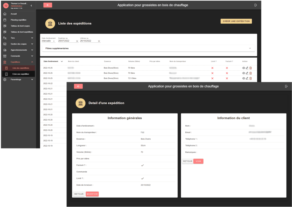 visuel liste expédition + détail grossistes en bois de chauffage